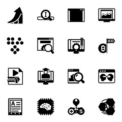 16 data filled icons set isolated on white background. Icons set with growth, Search engine, software, Clustering, website optimization, Content management, Video Compression icons.