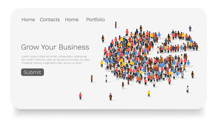 People crowd in form of pie chart composed of people. Web site landing page. Statistic concept.