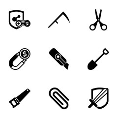 9 steel filled icons set isolated on white background. Icons set with game clan, Scythe, Scissors, Attract, Cutter knife, Shovel, Hand saw, Paperclip, RPG icons.