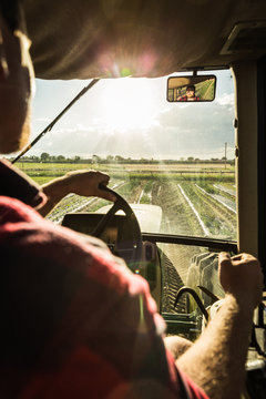 Close-up over shoulder POV of farmer driving through rows of vegetable fields with tractor. Laurel, Montana, USA