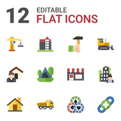 12 building flat icons set isolated on white background. Icons set with tower crane, castle, Handicraft, Real estate service, Camping, bulldozer, house, Tipper, Casino icons.