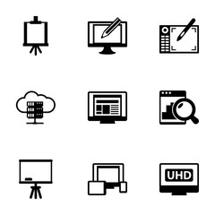 9 display filled icons set isolated on white background. Icons set with Easel, Digital illustration, Graphic tablet, e-Book, layout, Web analytics, Board stand, responsive web design icons.