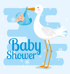 baby shower card with stork and decoration vector illustration design