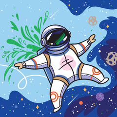 Cute cartoon astronaut flies with green leaves in outer space