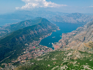Aerial view of the Bay of Kotor, Boka. Old city of Kotor, fortifications. Mountain of St.John and...