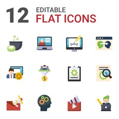 12 process flat icons set isolated on white background. Icons set with Soap making, eCommerce solutions, Webdesign, social media management, Lead conversion, Information Architecture icons.