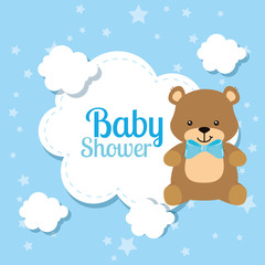 baby shower card with cute bear and clouds vector illustration design