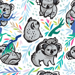Vector seamless pattern with cute koalas in the eucalyptus forest
