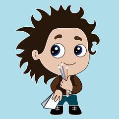 emoji with a guy is standing and holding color pencils in one hand, and in another notebook, color vector emoticon illustration