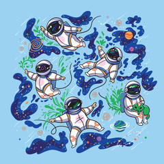 Astronauts flies in outer space. Vector illustration