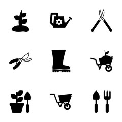 9 gardening filled icons set isolated on white background. Icons set with Plant, Watering can, Gardening scissors, Garden pruner, Rubber boots, Garden services, Gardening icons.