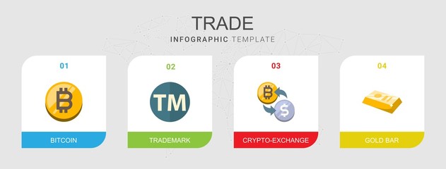 4 trade flat icons set isolated on infographic template. Icons set with bitcoin, Trademark, crypto-exchange, gold bar icons.