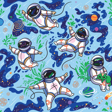 Astronauts in space seamless pattern
