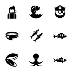 9 ocean filled icons set isolated on white background. Icons set with Diving, Seafood, pirate, oyster, sardine, perch, mussel, octopus, tuna icons.