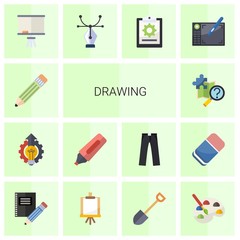 14 drawing flat icons set isolated on white background. Icons set with Pencil, Innovation business, Marker, quest, Board stand, Vector, project, Graphic tablet, Stationery icons.