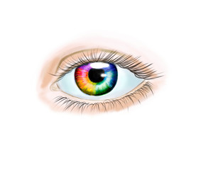 rainbow eye girl close-up. Hand drawing illustration isolated on white background.