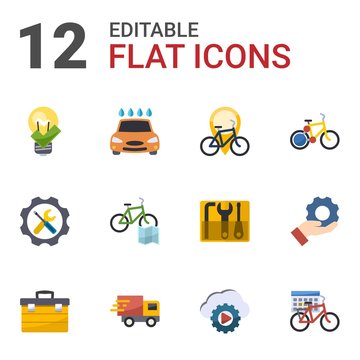 12 service flat icons set isolated on white background. Icons set with great solution, Car wash service, Bike rental, Repair service, Bike rental map, bike sharing, toolbox icons.