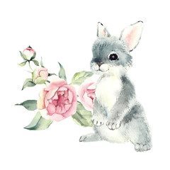 Pink flowers & rabbit. Hand drawing water color. Spring composition