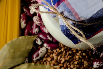 Cereals close up. Buckwheat, rice and lentils