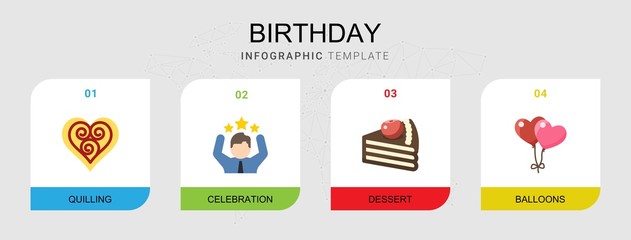 4 birthday flat icons set isolated on infographic template. Icons set with Quilling, celebration, dessert, balloons icons.