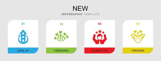 Fototapeta premium 4 new filled icons set isolated on infographic template. Icons set with level up, fireworks, celebration, firework icons.