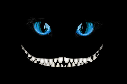 Mad cheshire smile and eyes on black background. Deco element, card-, flyer- base, clip art