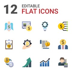 12 financial flat icons set isolated on white background. Icons set with Angel investor, rent deposit, fintech innovation, Business Planning, fintech industry, Marketing budget icons.