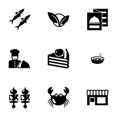 9 restaurant filled icons set isolated on white background. Icons set with sardine, vegetarian, restaurant menu, chefs dish, dessert, Soup, starters, crab, Small business icons.