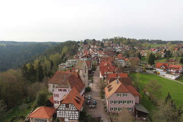 Fototapeta na wymiar A small European city on top of a mountain. Medieval residential buildings in a forest among nature. Historic city, Germany.