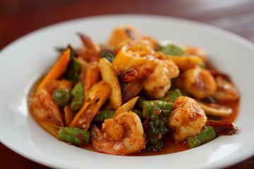 Close-up  OF FRIED CHILLI CURRY PAST WITH PRAWNS.Thailand food Thai style.