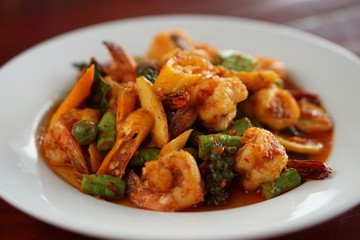 Close-up  OF FRIED CHILLI CURRY PAST WITH PRAWNS.Thailand food Thai style.