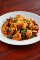 Close-up  OF FRIED CHILLI CURRY PAST WITH PRAWNS.Thailand food Thai style.