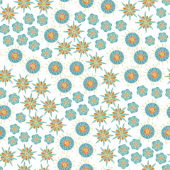 Vector Abstract Turquoise Blue Teal Green Orange Gold Flowers on White Background Seamless Repeat Pattern. Background for textiles, cards, manufacturing, wallpapers, print, gift wrap and scrapbooking.