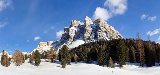 panorama of the snowy Dolomites.