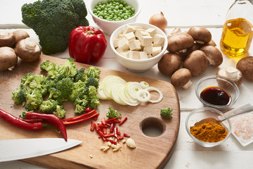 Fresh ingredients on rustic wooden table