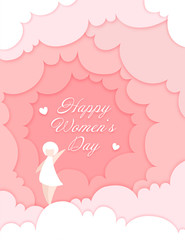 Happy Women's Day - Hintergrund in Papierschnitt, abstrakte Geschenkkarte mit Wolken und Herzen in Pink	