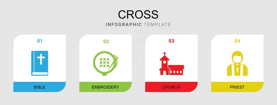 4 cross filled icons set isolated on infographic template. Icons set with Bible, embroidery, church, priest icons.