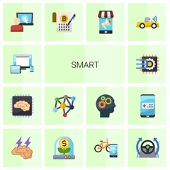 14 smart flat icons set isolated on white background. Icons set with responsive web design, Artificial Intelligence, Neural network, Machine learning, eCommerce platform icons.