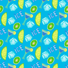 Summer cocktail seamless pattern. Hand-drawn ice background.