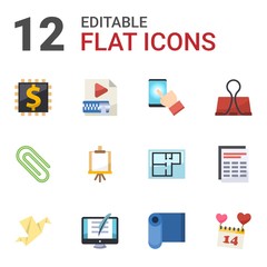 12 paper flat icons set isolated on white background. Icons set with Blended Learning, Video Compression, testing, Paperclip, Easel, Binder clip, Origami, Copywriting, textile icons.