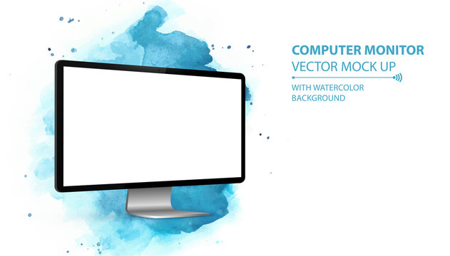Computer Monitor Vector Mockup With Perspective View. Isolated on Blue Watercolor Background. 