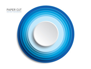 3d blue button shapes on white background in paper cut style. Vector design multi layered wheels width shadow.