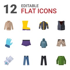 12 wear flat icons set isolated on white background. Icons set with sweatshirt, Rubber boots, jacket, Garden gloves, skirt, vest, gauntlet gloves, jeans, trousers, jumper icons.