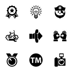 9 badge filled icons set isolated on white background. Icons set with achievement, Idea, pirate, bike repair service, Call To Action, Handmade, medal, Trademark, wedding photography icons.