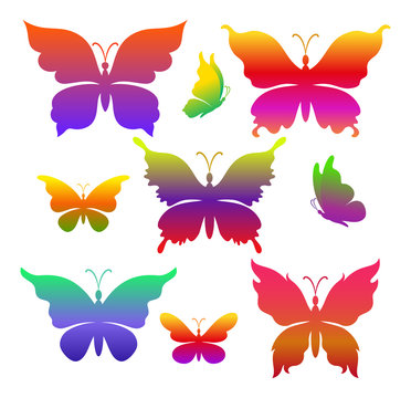 Set Symbolical Exotic Butterflies, Colorful Silhouettes Isolated on White Background. Vector
