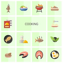 14 cooking flat icons set isolated on white background. Icons set with restaurant menu, Fish, chefs dish, Pasta, smoked fish, Salad, BBQ Grill, baked fish, chicken, steak icons.