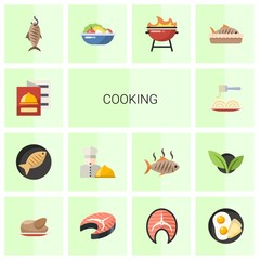14 cooking flat icons set isolated on white background. Icons set with restaurant menu, Fish, chefs dish, Pasta, smoked fish, Salad, BBQ Grill, baked fish, chicken, steak icons.