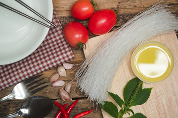 Dried vermicelli on a wooden table in the kitchen