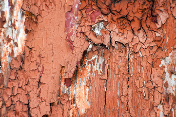 Cracked brown paint close-up. Background from a ragged wall in terracotta color.