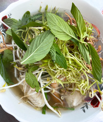 Fish noodle on white bowl